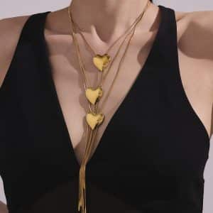 Stainless Steel Glossy Heart Pull-out Long Necklace