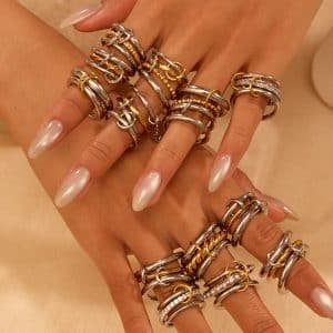 Stacked Color Matching Stainless Steel Ring Set 18K Gold Plating Exaggerated Personalized Hand Jewelry