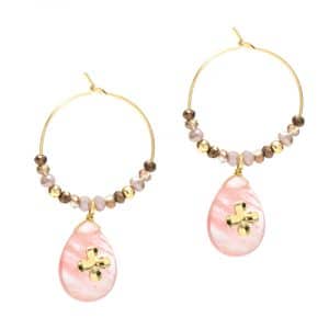 Women Fashion Natural Stone Hoop Earrings With Pink Waterdrop Stone