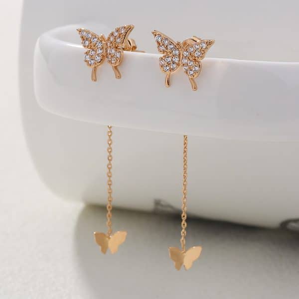 Butterfly Copper Micro Set Zircon Tassel Ear Line Femininity Senior Sense Long Tassel Face Thin Delicate Earrings