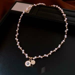 Real Gold Electroplated Zircon Pearl Round Pendant Necklace Light Luxury Clavicle Chain