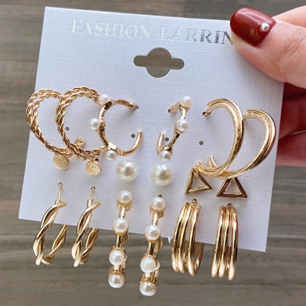Temperament Pearl Pendant Earrings Triangle Metal 9-piece Set