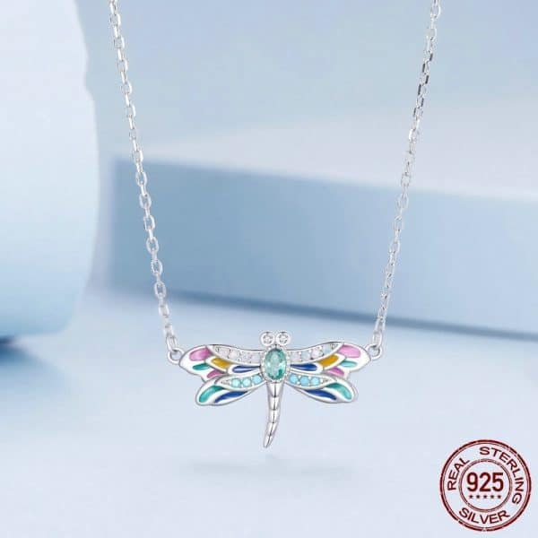 New S925 Sterling Silver Colorful Exquisite Dragonfly Necklace