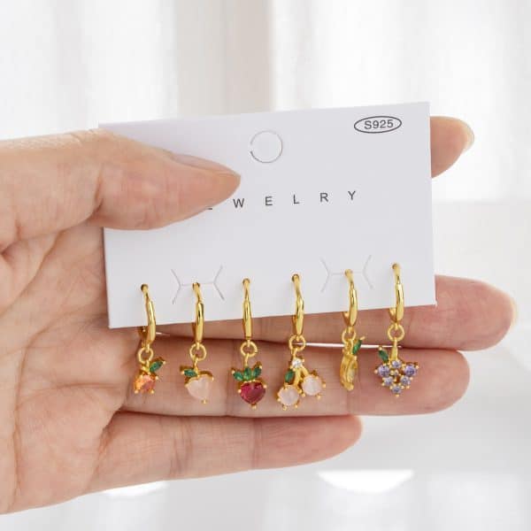 Women's Fashion Grape Lemonade Peach Fruit Center Earrings Set Of 6