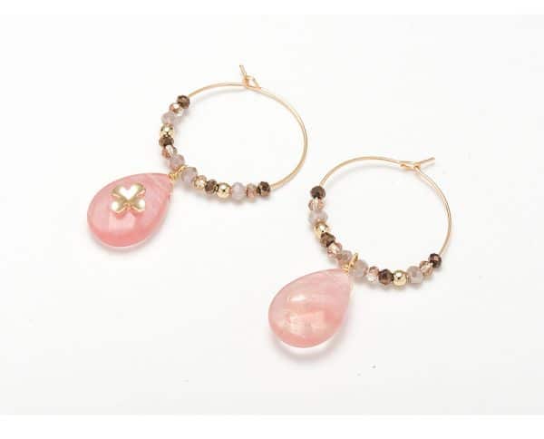 Women Fashion Natural Stone Hoop Earrings With Pink Waterdrop Stone