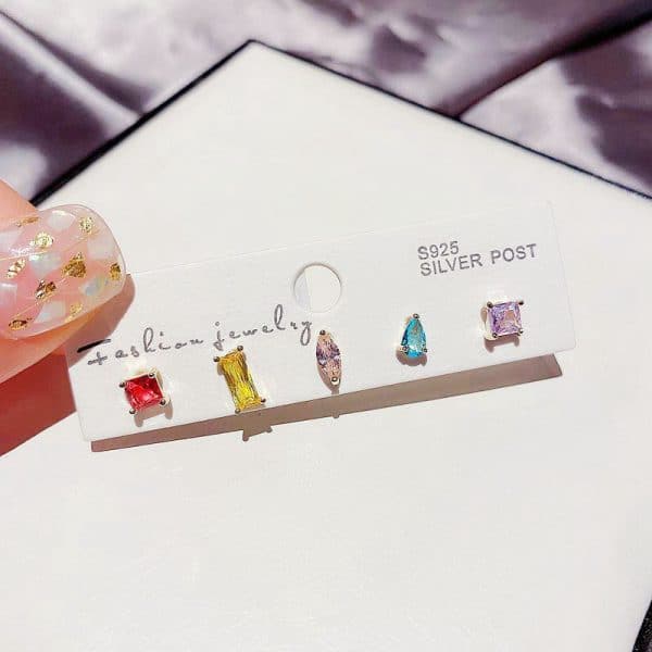 Copper 5 Colors Zircon Stud Earrings Set Geometry Small