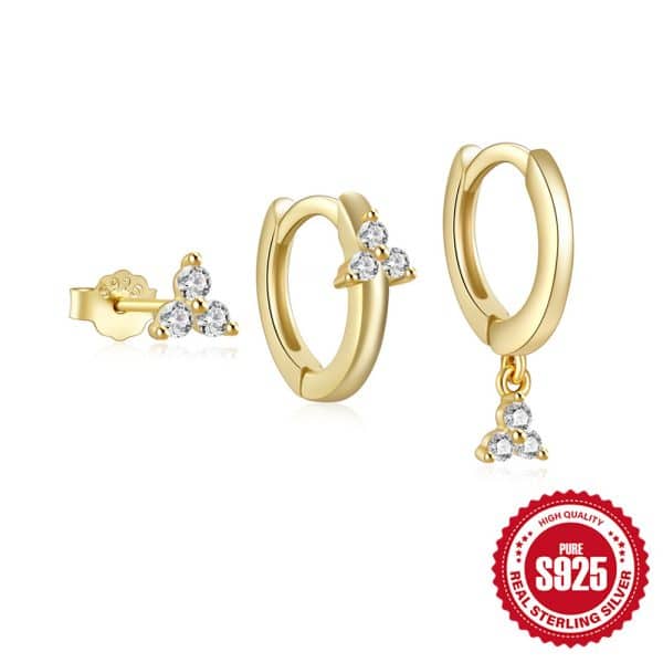 S925 Sterling Silver Fashion Simple Mini Geometric Glossy Round Eight-pointed Stars Single Row Zircon Set Earrings