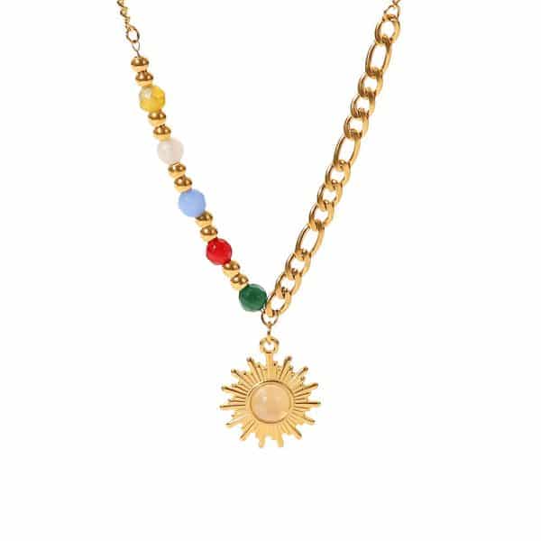 18K Gold Natural Stone Opal Sun Pendant Color Stone Necklace