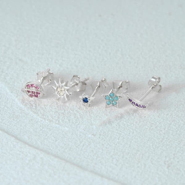 Fashion S925 Sterling Silver Star Moon Color Diamond Earrings 5-piece Set