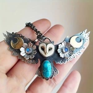 Owl Flower Moon Turquoise Necklace For Women