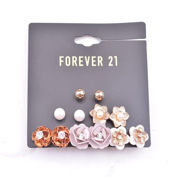 6 Pairs Of One Card Simple Flower Small Earrings Set Pearl Shell Female Earrings Diamond Jewelry Jewelry