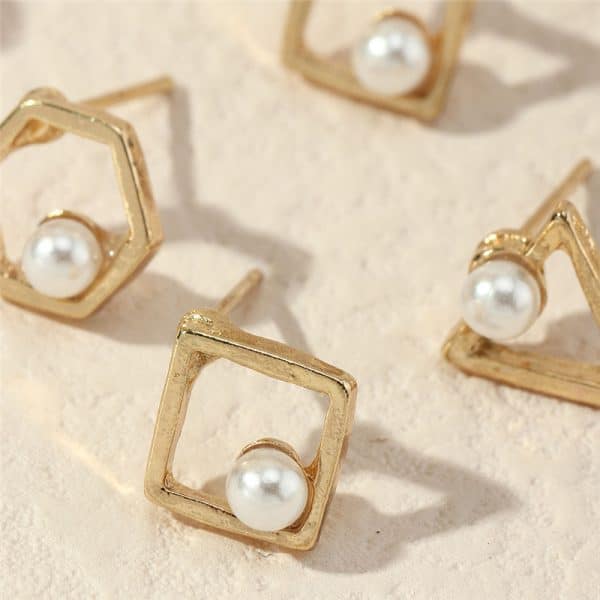 Personality Creative Geometric Ear Jewelry Round Square Pearl Earring Set