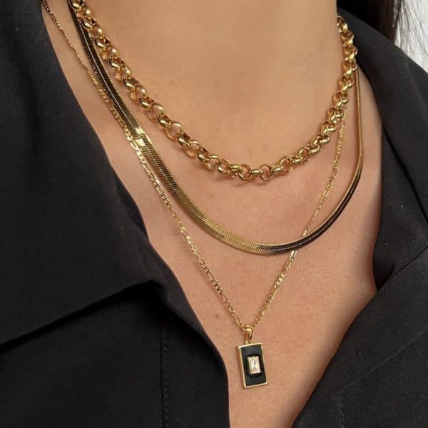 Vintage 18K Gold Plated Titanium Square Shell Zircon Necklace Jewelry Set