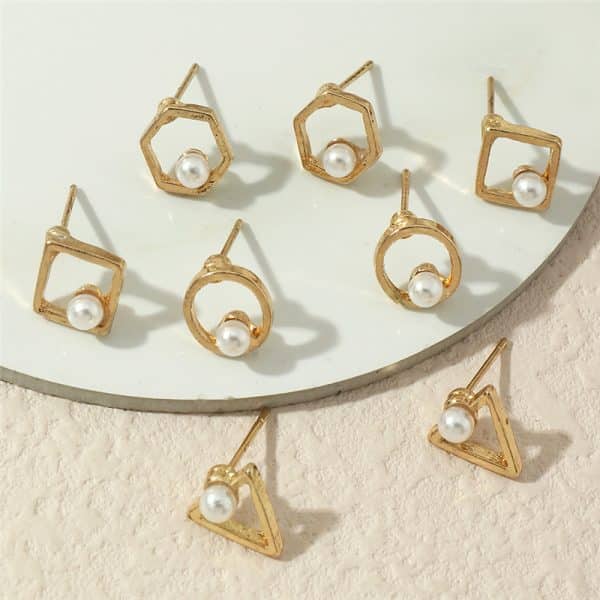 Personality Creative Geometric Ear Jewelry Round Square Pearl Earring Set