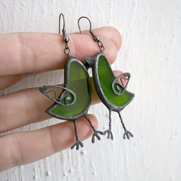 Unique Green Bird Drop Earrings Cute