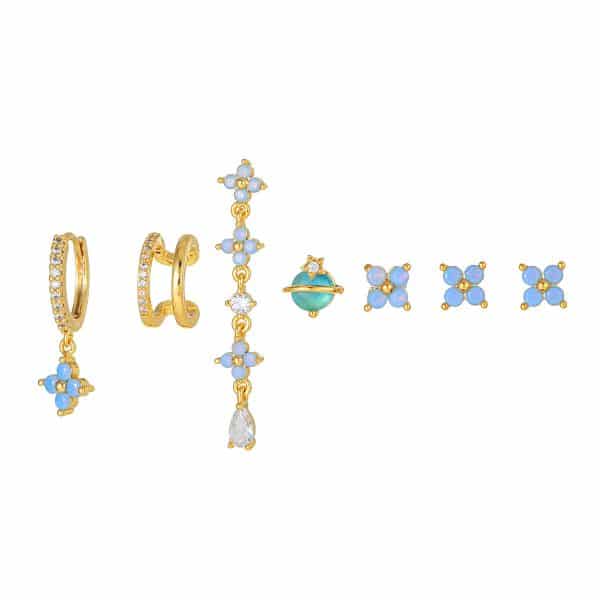 Tassel Blue Flower Earrings Set Temperament