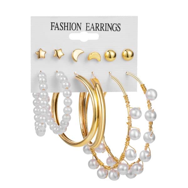 New Vintage Geometric Pearl Earrings 6-piece Set