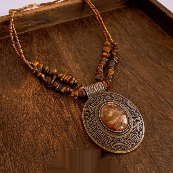 Irregular Tiger Eye Stone Oval Pendant Necklace With Retro And Antique Style