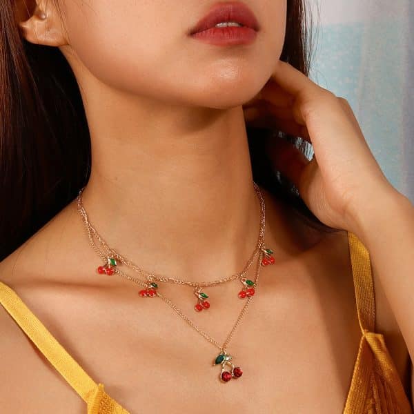 New Cute Sweet Double Layer Cherry Necklace