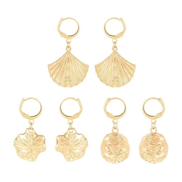 Set Of 3 Earrin Leaf Shape Earrings Coins Embossed
