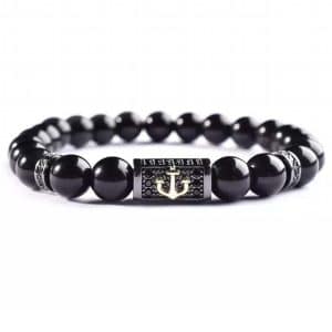 Natural Stone 8mm Bright Black Stone Beaded Vintage Bracelet