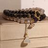 All-Match Gold Obsidian Lotus Seedpod Pendant Natural Gray Agate Double Ring Crystal Bracelet For Women