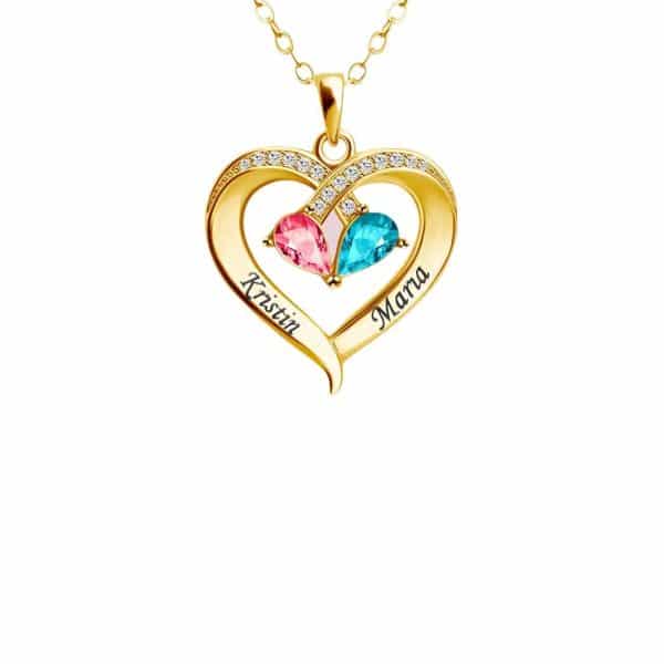 Two-color Water Drop Pendant Heart Shape With Diamond 12 Birthstone Peach Heart Necklace For Women