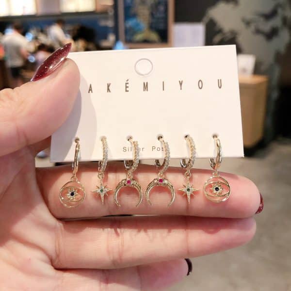 Personalized 6-piece set of micro-inlaid moon star earring