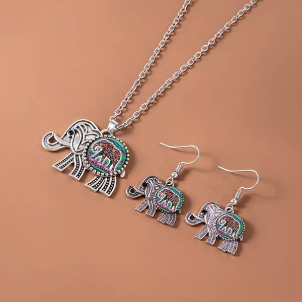 Vintage Ethnic Thai Silver Elephant Jewelry Set Necklace Bracelet Earrings For Women