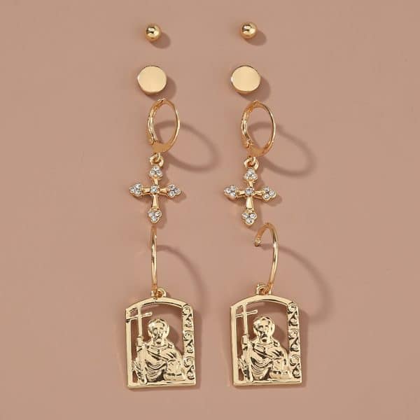 Hot selling hip-hop street accessories in Europe and America, diamond cross portrait tag earrings set earrings