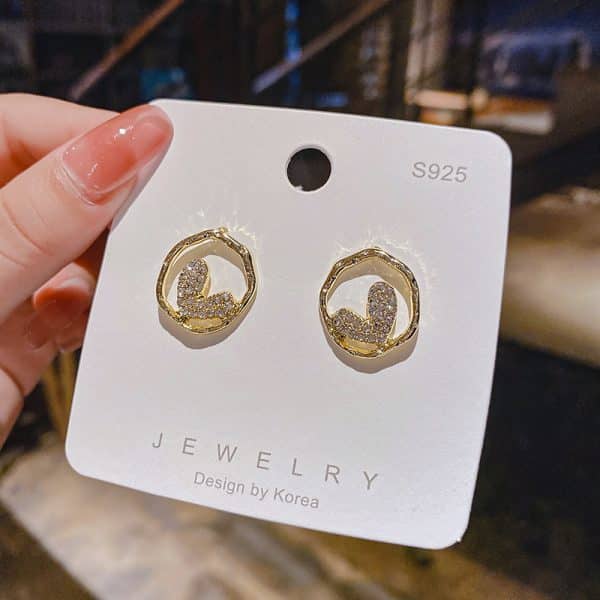 925 Silver Needle Circle Personality Heart Shape With Diamond Earrings Irregular Circles