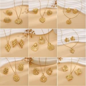 Geometric Leaves Texture Flower Love Heart Earrings And Necklace Set