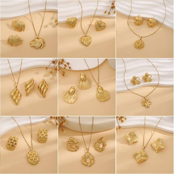 Geometric Leaves Texture Flower Love Heart Earrings And Necklace Set