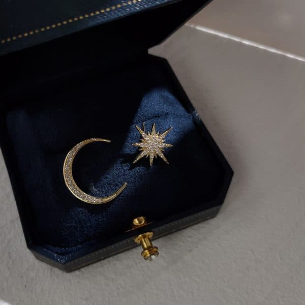 Real Gold Zircon Micro-Set Octopus And Moon Asymmetric Stud Earrings