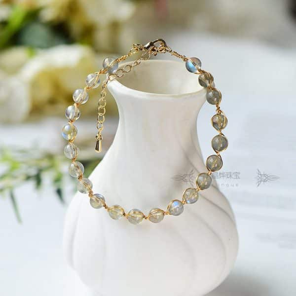 14K Gilded Natural Crystal Blue Moonstone Bracelet For Women