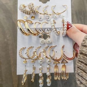 Temperament Pearl Pendant Earrings Triangle Metal 9-piece Set