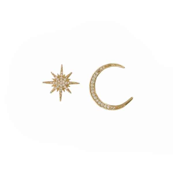 Real Gold Zircon Micro-Set Octopus And Moon Asymmetric Stud Earrings