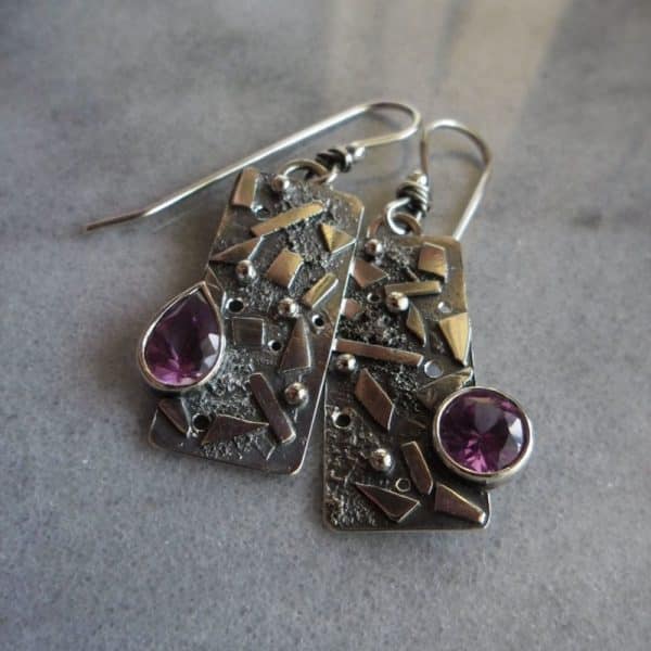 Vintage Carved Geometric Square Water Drop Amethyst Earrings