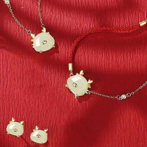 Auspicious Cute Dragon Zodiac Necklace Female Hetian Jade Bracelet Ear Studs