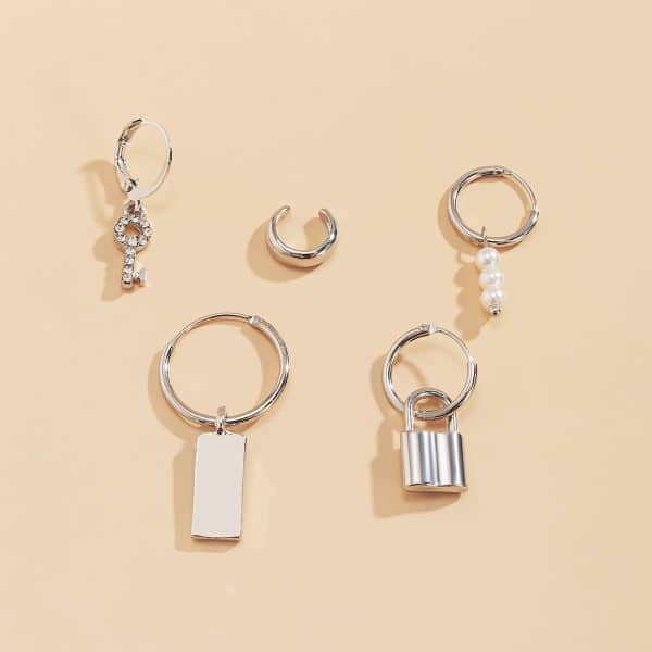 Trendy Mix And Match Geometric Square Brand Lock Set Earrings