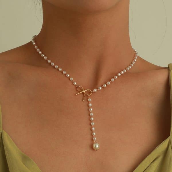 Women's Bow Pearl Tassel Pendant Necklace Simple All-match