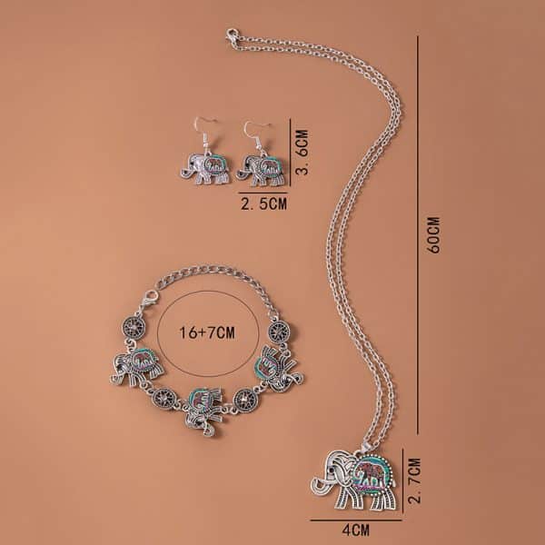 Vintage Ethnic Thai Silver Elephant Jewelry Set Necklace Bracelet Earrings For Women