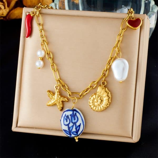 Shell Starfish Sun Stainless Steel Necklace