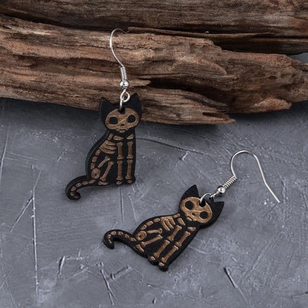 Wooden Black Skeleton Cat Drop Earrings