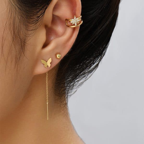 Personality Design Feeling Earrings Inlaid Diamond Awn Star Ear Bone Clip Set Female, Fashion Butterfly Tassel Earrings
