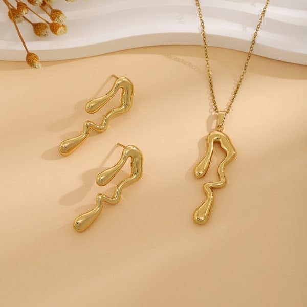 Geometric Leaves Texture Flower Love Heart Earrings And Necklace Set