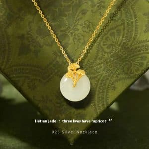 Sterling Silver 925 Hetian Jade Necklace Peace Buckle Clavicle Ins Ginkgo Leaf Pendant