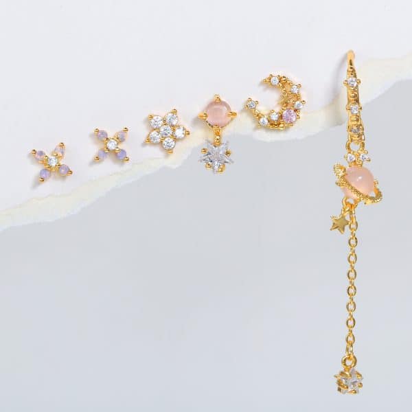 925 Silver Needle Flower Suit Combination Micro Zircon-encrusted Stud Earrings Six-piece Set Ornament
