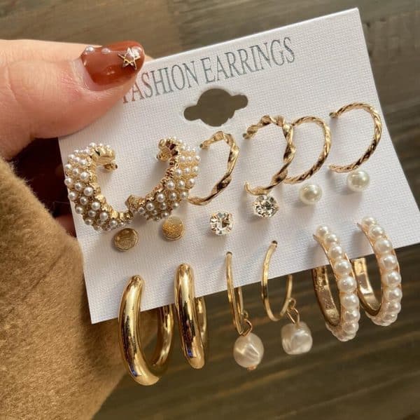 New Pearl Zircon Temperament Stud Earrings Women's Geometric Pearl Stud Earrings 9-piece Set