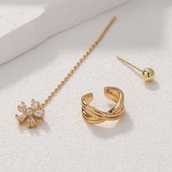 Gold Fashion Personality Small Irregular Flower Pin Three-piece Set Of Copper Micro-inlaid Zircon Earrings